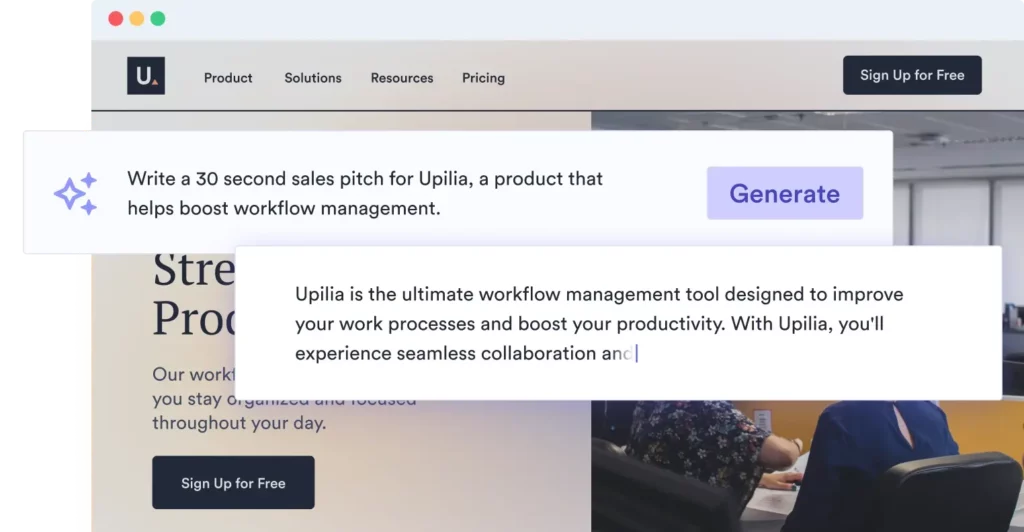 ai-script-generator-mobile An illustration of an AI pitch generator being told to write a 30-second sales pitch for Upilia, a product that helps boost workflow management. Below the prompt, the AI-created pitch is shown.