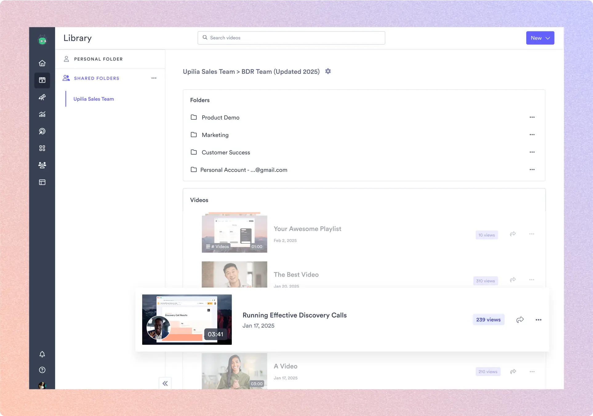 Vidyard’s video hosting platform showcasing a video library