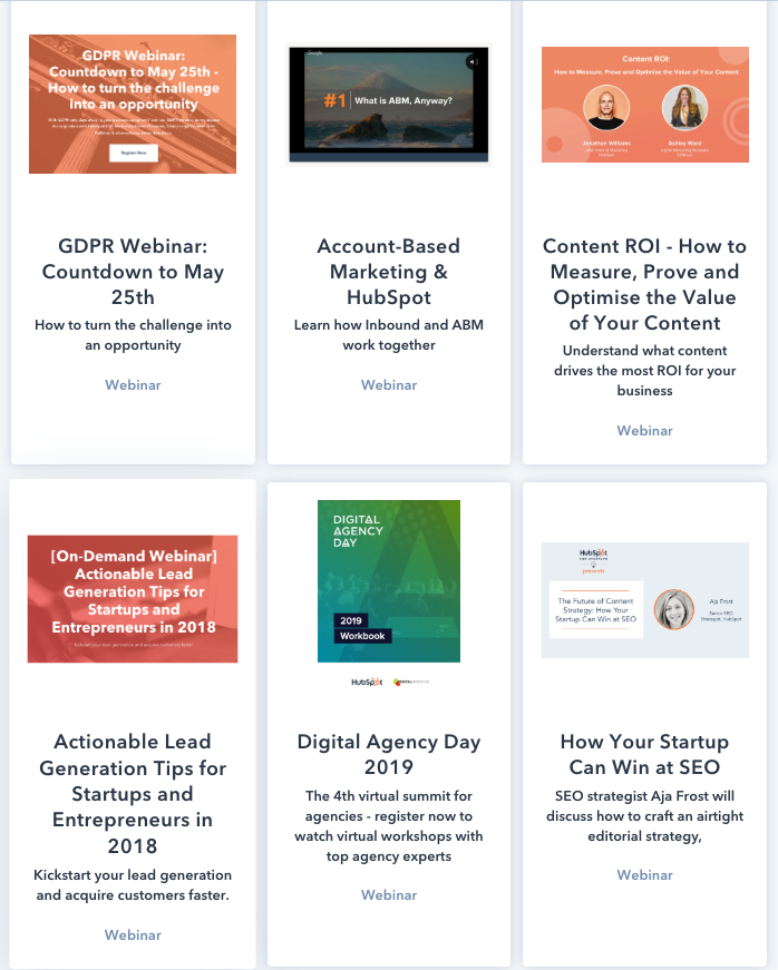 hubspot-webinars-hub a screenshot of HubSpot's webinars hub