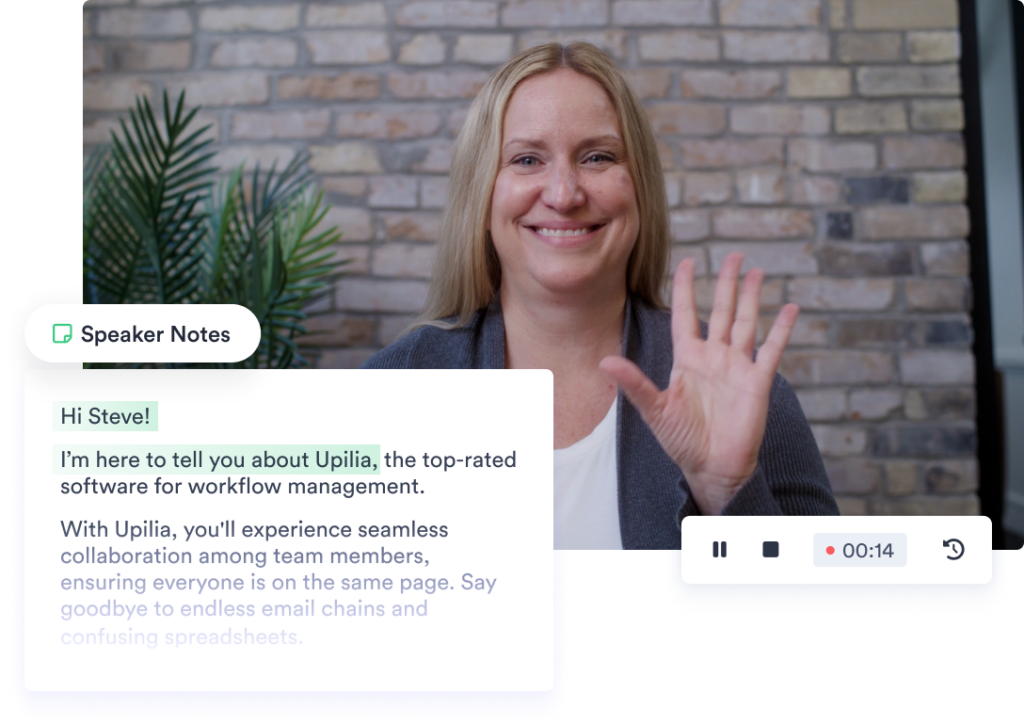 AI Script A woman waves at the camera, recording a Vidyard video message with the help of Vidyard's AI Script Generator.