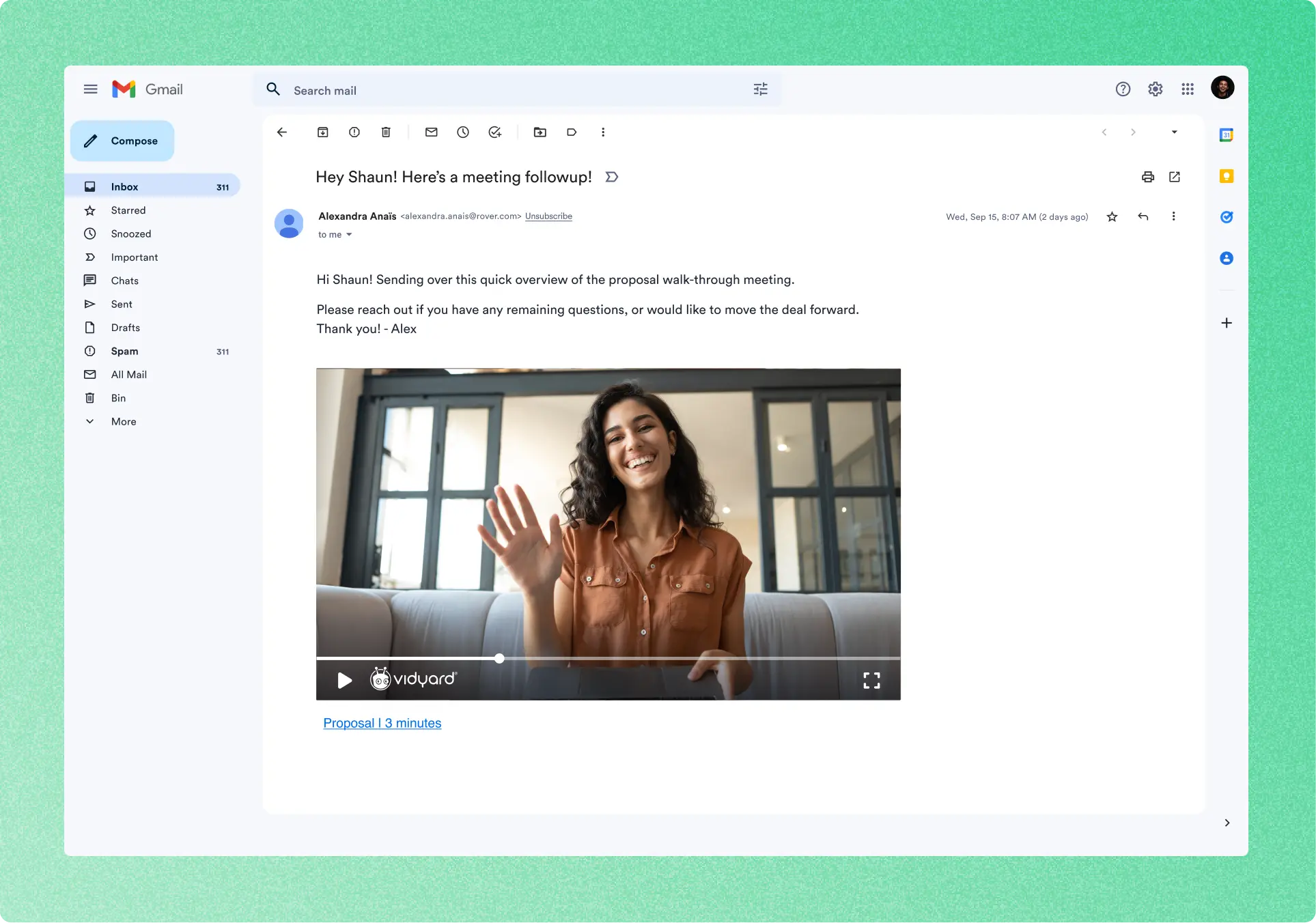 A screenshot of an email inside an email app. The email is from a salesperson, providing a quick overview of a proposal walk-through meeting. The email also contains a video labeled “Proposal | 3 minutes.” The video features a smiling, waving woman
