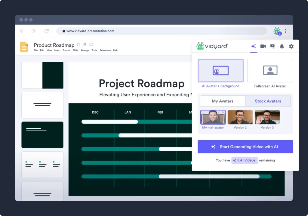 vidyard-ai-browser-extension An example of the Vidyard Browser Extension showing AI Avatar video creation screen with a Google Slide presentation in the background image